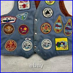 Vintage 80s Boy Scouts Uniform Vest Mens Medium Blue Denim Patches Merit Badge