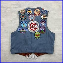 Vintage 80s Boy Scouts Uniform Vest Mens Medium Blue Denim Patches Merit Badge