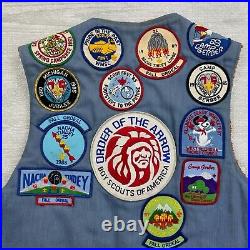 Vintage 80s Boy Scouts Uniform Vest Mens Medium Blue Denim Patches Merit Badge