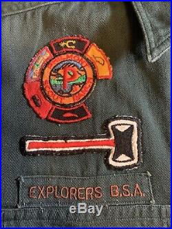 Vintage BSA Boy Scout Explorer Dark Green Uniform Rare Patches, Silver Knot, Pin