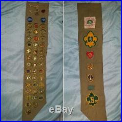 Vintage Boy Scout Sash With 53 Merit Badges, Patches and Pins with rare patches