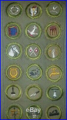 Vintage Boy Scout Sash With 53 Merit Badges, Patches and Pins with rare patches