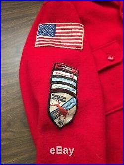 Vintage Boy Scouts Of America Jacket Coat Red Wool Vintage 28 patches BSA SZ 40