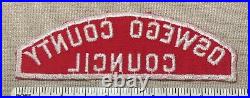 Vintage OSWEGO COUNTY COUNCIL Boy Scout Red & White Uniform Strip PATCH RWS FULL
