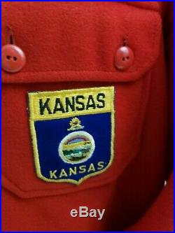 Vintage Official Boy Scouts BSA Red Wool Shirt Jacket Size 46 XL KANSAS PATCHES