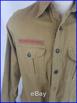 Vtg 1940s Boy Scouts BSA Uniform Shirt Tan LS Scouter Patches Instructor USA