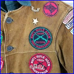 Vtg 50s Boy Scouts Sanforized LS Shirt Green Leather Vest Lots of Patches Metals
