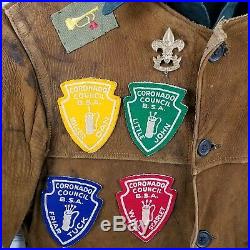 Vtg 50s Boy Scouts Sanforized LS Shirt Green Leather Vest Lots of Patches Metals