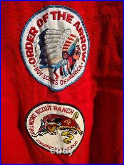 Vtg BSA Red Wool Jacket Sz 44 with1973 Nat Jamboree, See Back, &Vest, Sache Patches