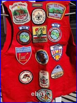 Vtg BSA Red Wool Jacket Sz 44 with1973 Nat Jamboree, See Back, &Vest, Sache Patches