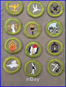 Vtg Boy Scout Merit Badge Sash 1930s 27 Badges 4 Pins Rare Star Square Patch 30s