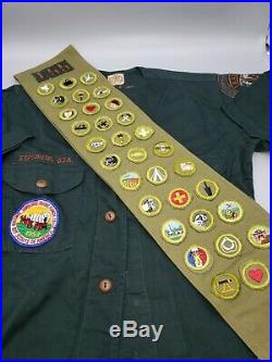 Vtg Boy Scout Sash w 33 Type E Merit Badges w Patches, 1950s w 1953 Shirt. Rare