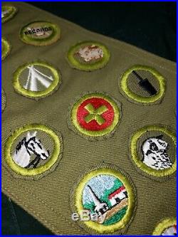 Vtg Boy Scout Sash w 33 Type E Merit Badges w Patches, 1950s w 1953 Shirt. Rare