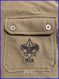 Vtg Men's Sz L Boy Scouts Of America Button Shirt/Jacket Green Wool Elbow Patch