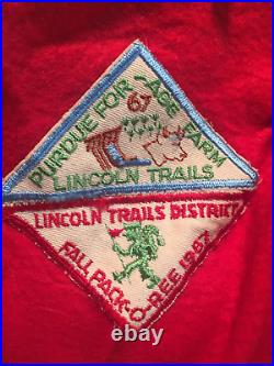 (b76) Boy Scouts- 1960's red felt vest with assorted patches, OA, Camps, etc